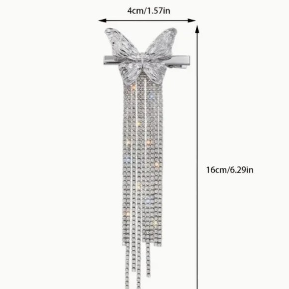 NEW! CRYSTAL TASSELED BUTTERFLY HAIR CLIP in Silver - Picture 2 of 3